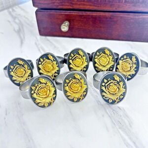 Vintage Ivory Rose on Blue Background Stainless Steel Napkin Rings Lot of 8 AAA